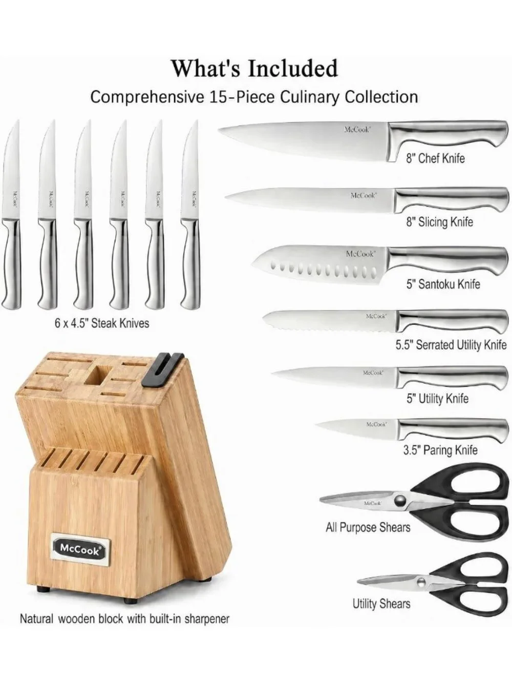 Premium Kitchen Knife Set with Block & Built-in Sharpener - Stainless Steel